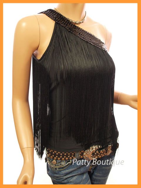 Black Sequins One Shoulder Fringe Tops, 10 12 14 16  