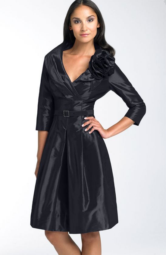 NEW TERI JON Rosette Shirtdress TAFFETA DRESS 2 BLACK  