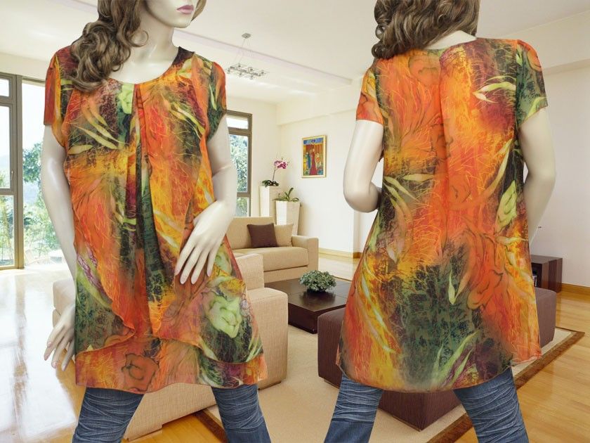 ORANGE CHIFFON PAINTING LAYER TUNIC TOP #1032 SIZE XL  