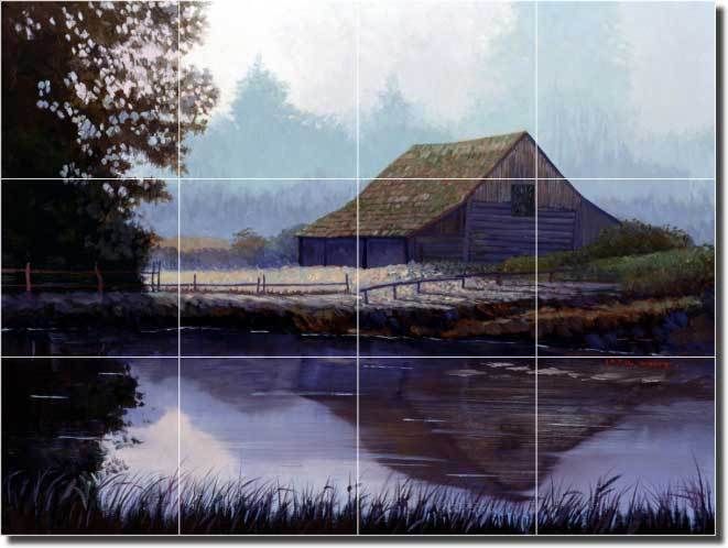 White Barn Landscape Art Ceramic Tile Mural Backsplash  