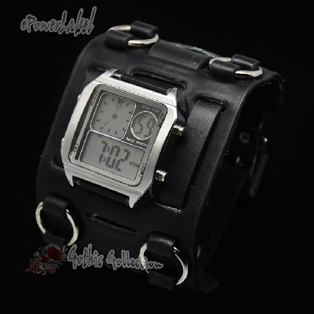 K0837 Function Digital Analog Dual Gothic Watch Ring Wide Black 