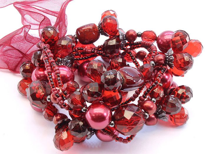 Chunky Red Seed Bead & Faux Pearl Stretch Bracelet  