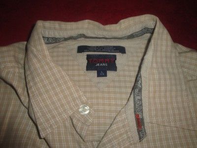 TOMMY JEANS Button Down Casual Dress Shirt Beige White Cross Stripes 