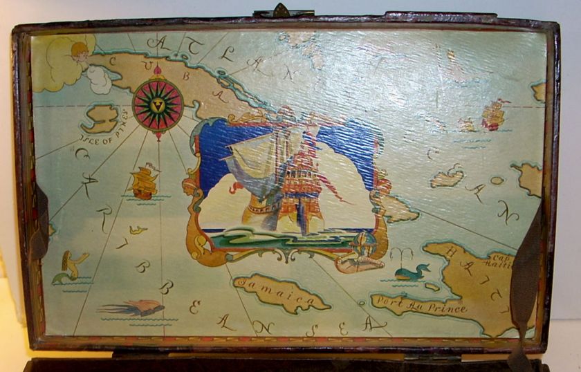 Vintage Laquered Papier Mache Chest Box Caribbean Map  