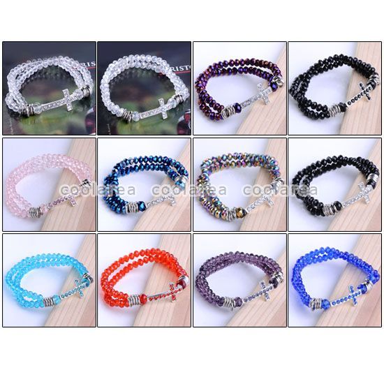  2Rows Crystal Glass Beads Woven Cross Stretchy Bracelet Friendship 7L