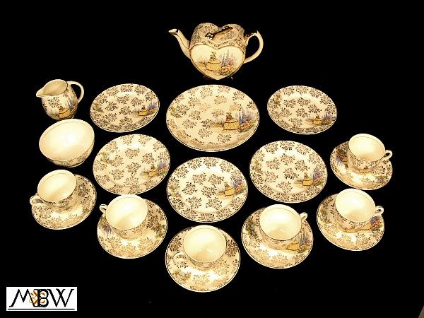 Antique English Set 21 Gilded Lingard Pottery Tea Set W/ Cups Pitcher