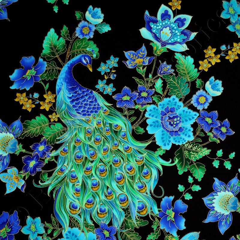   Treasures Plume Beautiful Peacock Black Cotton Quilt Fabric Yardage