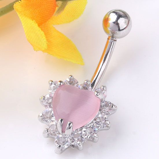 14G Crystal Pink Cats Eye Gem Heart Body Navel Ring 1p  