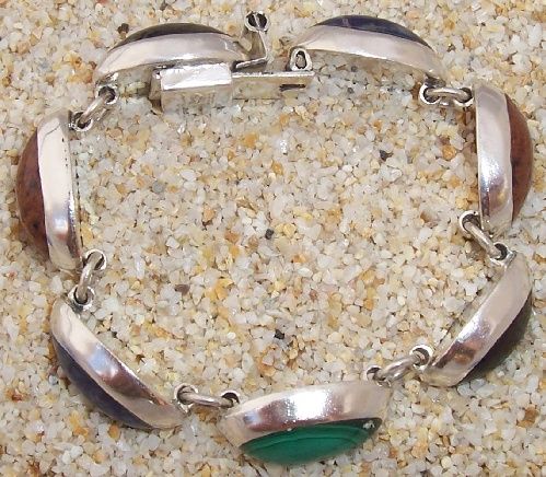 Huge Vintage Taxco Sterling Multi Gemstone Bracelet 46g  