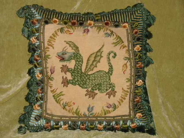 FUN VINTAGE PUFF THE MAGIC DRAGON NEEDLEPOINT PILLOW  