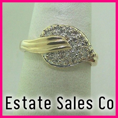 Ladies 14k Yellow Gold Round Diamond Pave Leaf Right Hand Ring .18 