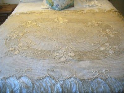   CROCHET NET LACE TABLECLOTH COVERLET W/FRINGE 46 X 82+ RARE  