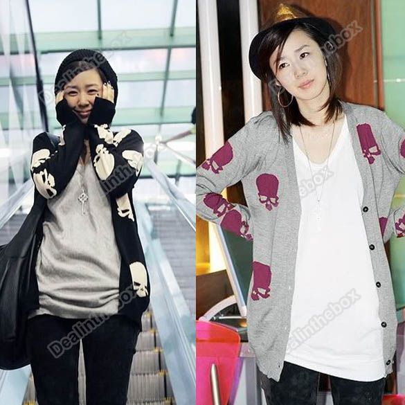 Women Long V Neck Skull Trendy Knit Sweater Cardigan  