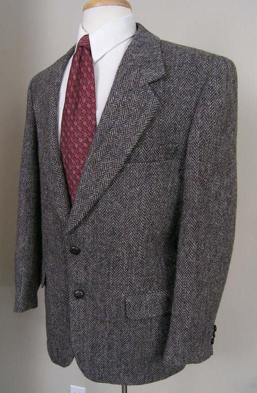 Harris Tweed Sport Coat Gray Gray Black Brown Herringbone Wool 40R 