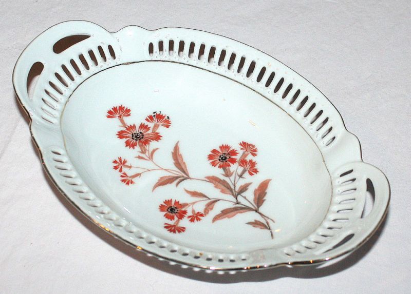 PA Arzberg Bavaria Oval Pierced Dish Orange Flower Gold  