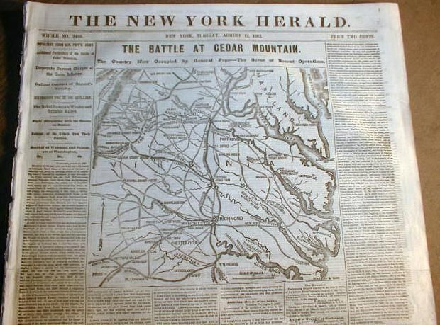 1862 Civil War newspaper w Large Map BATTLE of CEDAR MOUNTAIN Culpeper 