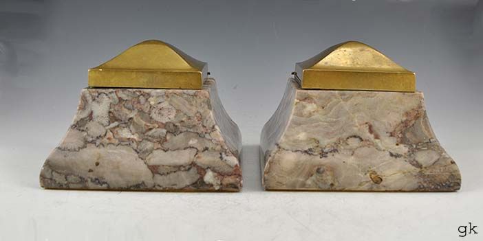 Pyramid Marble Inkwells Brass Hinged Lid Early 1900s  