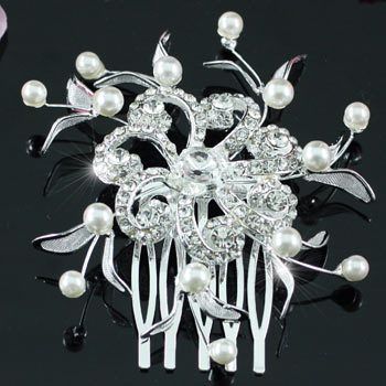 Bride / Bridesmaid Flower Faux Pearl Hair Comb T1343  