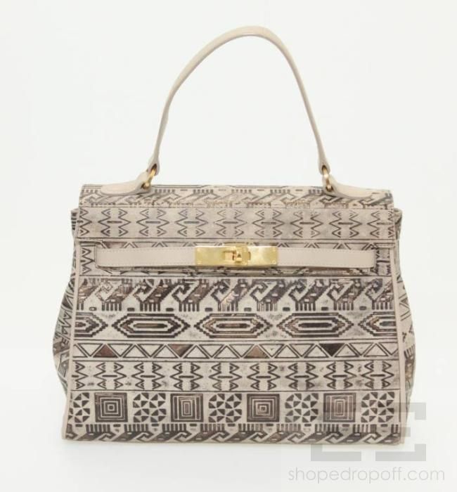 Casa Lopez Beige & Copper Tribal Print Leather Handbag  