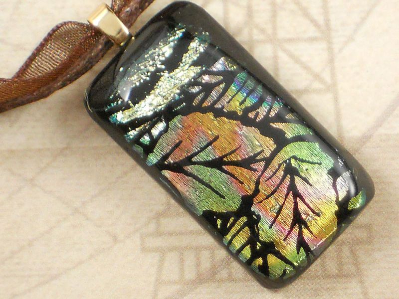 Handmade Peach Glow Leaves Fused Dichroic Glass Pendant  