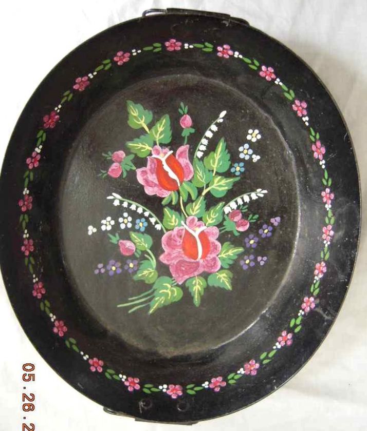 antique TOLE PAINTED METAL TRAY w/HANDLES pink flowers  