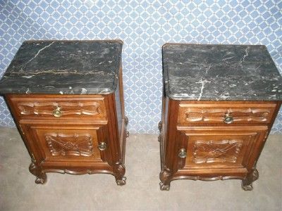 NICE CARVED ITALIAN ANTIQUE MARBEL TOP NIGHT STANDS  