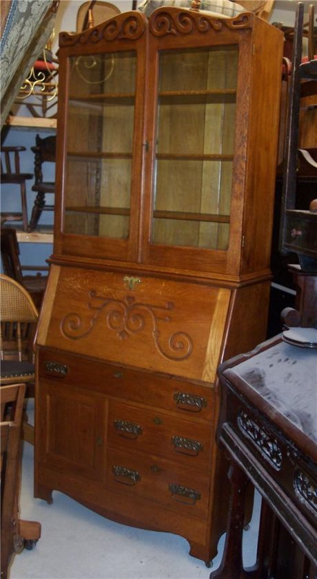 Early 1900s Quartersawn Oak Drop Front Secretary Hutch  