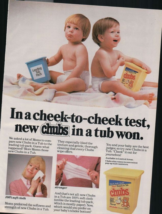 1988 Print Ad Chubs Baby Wipes Won Cheek to Cheek Test  