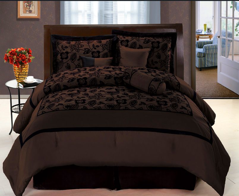 New Choco Brown Black Bedding Flock Satin Comforter set Full,Queen 