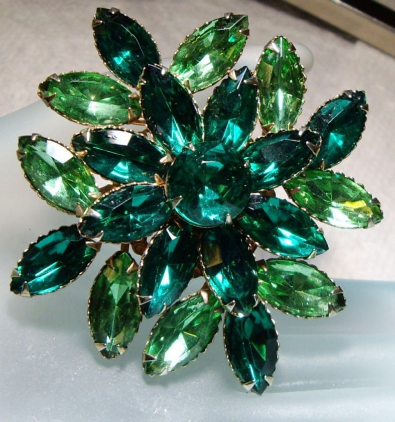 Vintage Prong Set Shades of Green Rhinestone Brooch Pin  