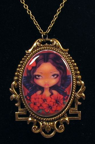    Griffith Art Red Hibiscus Fairy Cameo Necklace Hawaii Tiki  