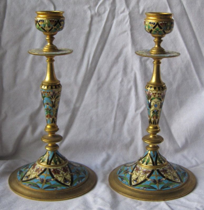 Pair 19th Century French Enamel on Bronze Candlesticks  