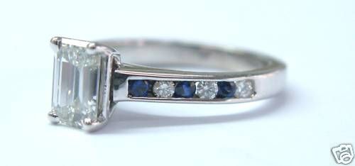 Fine Emerald Cut Diamond Sapphire Engagement Ring 18KT  