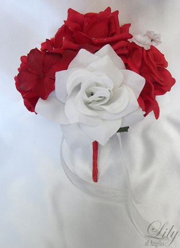 21 pcs Wedding Cascade Bridal Bouquet Flower RED WHITE  