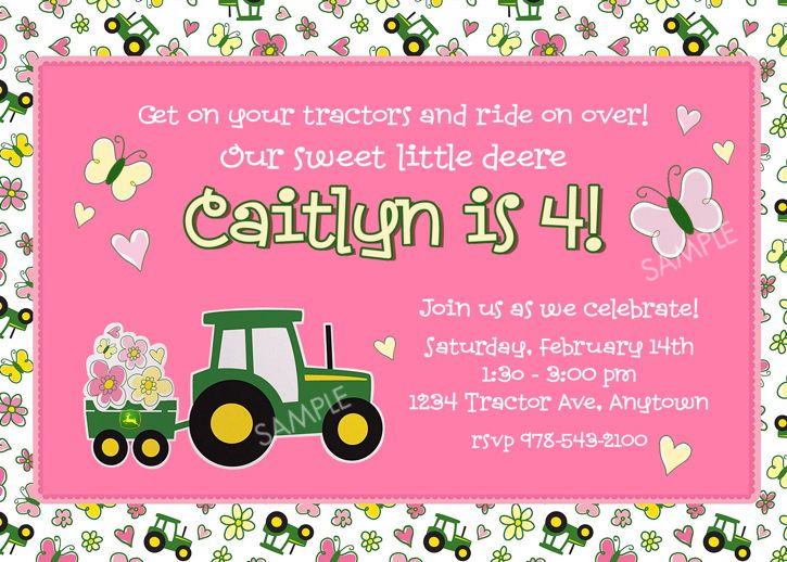 John Deere Pink Tractor Invitation for Birthday Party  