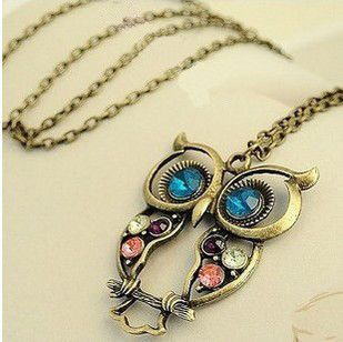 Vintage Girls Lady Long Crown Owl Rhinestone Necklace  