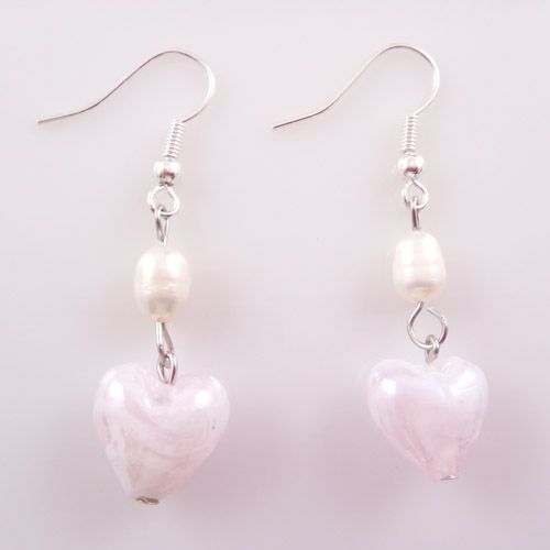   Freshwater Cultured Pearl Heart Glass Dangle Earrings Jewelry  