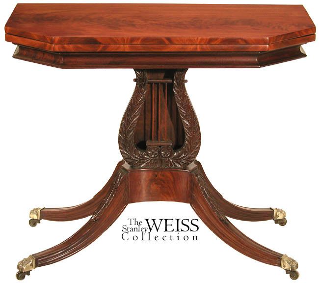 SWC Carved Mahogany Lyre Card Table, Philadelphia, c181  