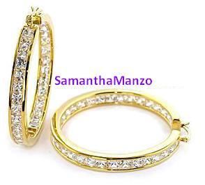 5ct Princess Cut Channel Set Cz Hoop Earrings Gold Gp  