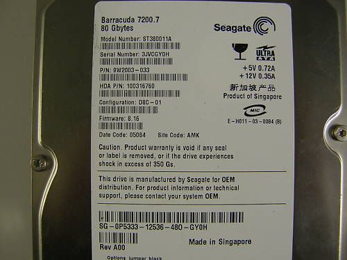 SEAGATE BARRACUDA 80GB ATA HD ST380011A 9W2003 033 683728123314  