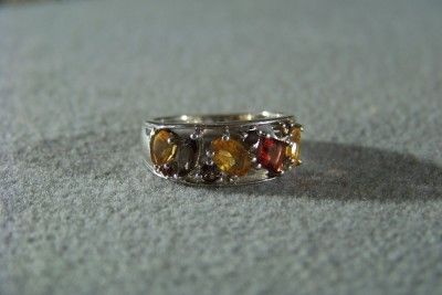 VINTAGE SILVER GARNET CITRINE SMOKEY QUARTZ BAND RING  