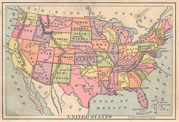 USA UNITED STATES. Antique map. Color. Monteith.c.1889  