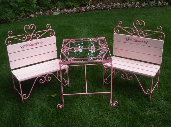 Kids Toddler Table and Chairs Set Tea Party Wooden Bench Iron Pink 